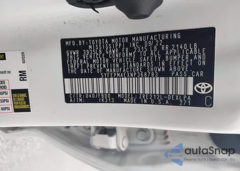 2022 Toyota Corolla Le z USA, uszkodzony, nr VIN 5YFEPMAEXNP368783